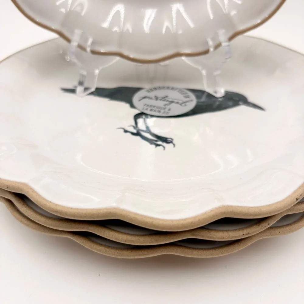 Vagos Portugal Stoneware Raven Scalloped Halloween Plates Set of 4 Salad Dessert